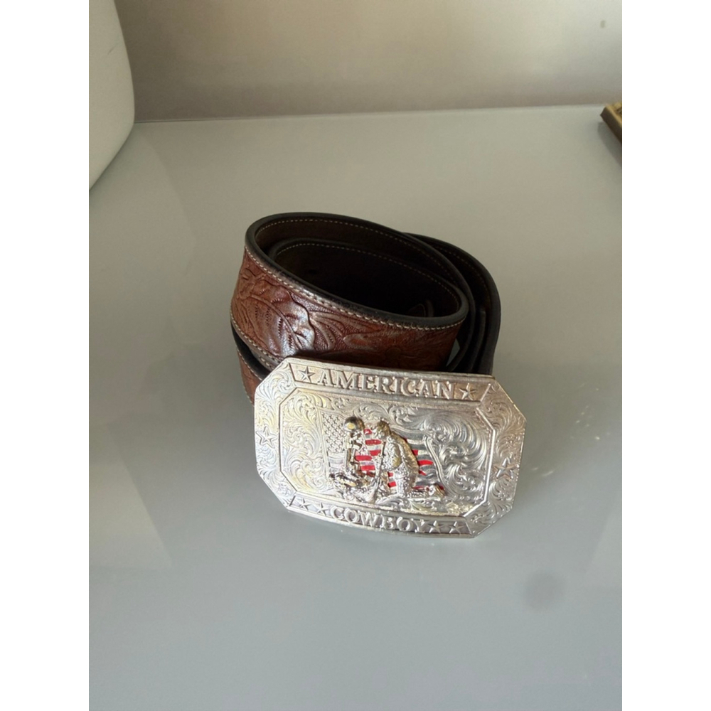 Montana SilverSmiths American Cowboy Silver Buckle and Vintage Leather Belt